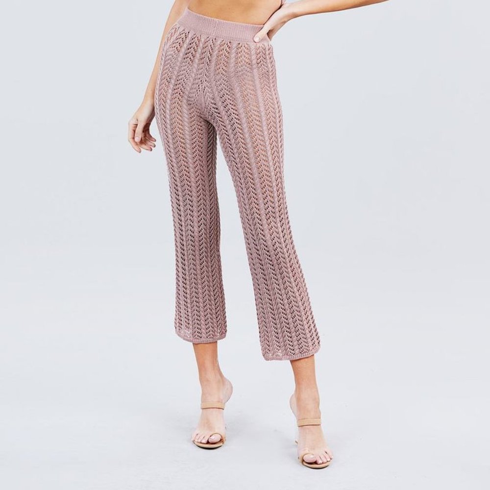 Flare Long Fishnet Sweater Pants-Blush - Picture 3 of 4